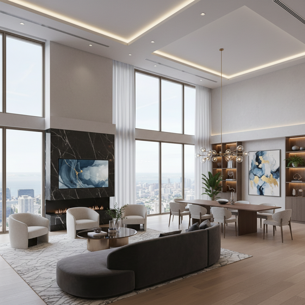 Bright luxury apartment interior with lounge seating and city views