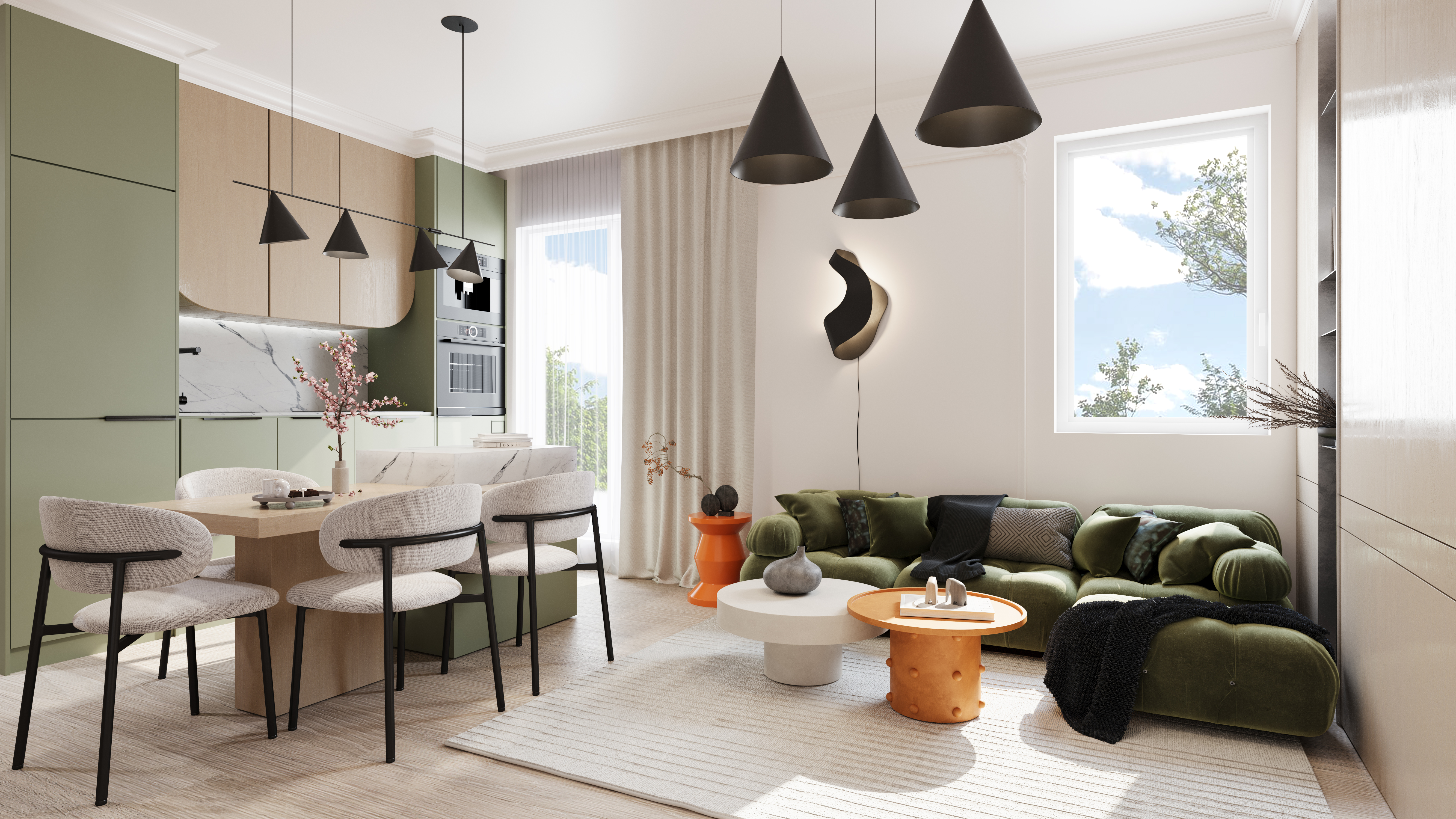 Boutique apartment interior with warm accents and soft contemporary textures