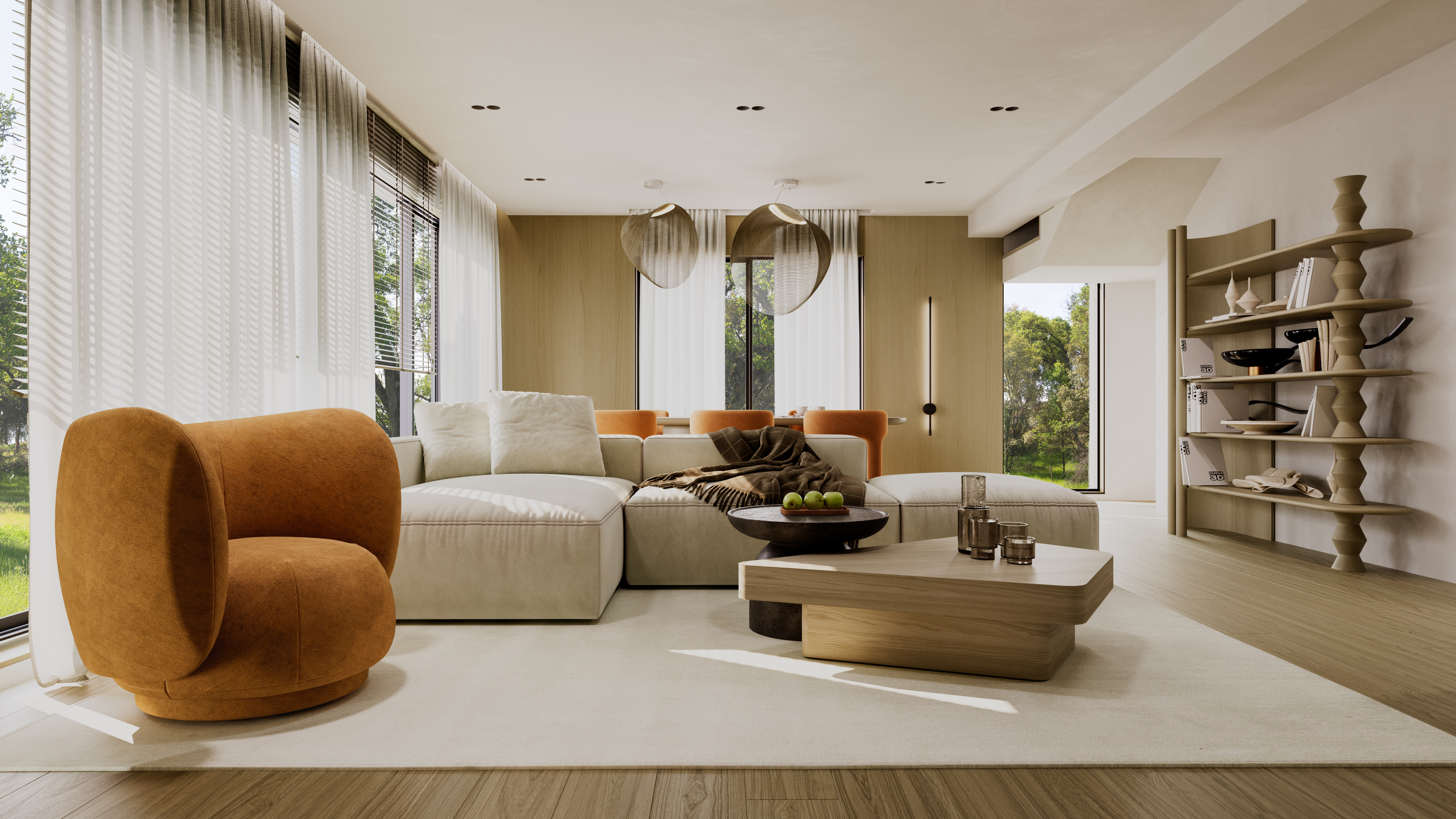 Warm modern residence interior with travertine finishes and orange accents