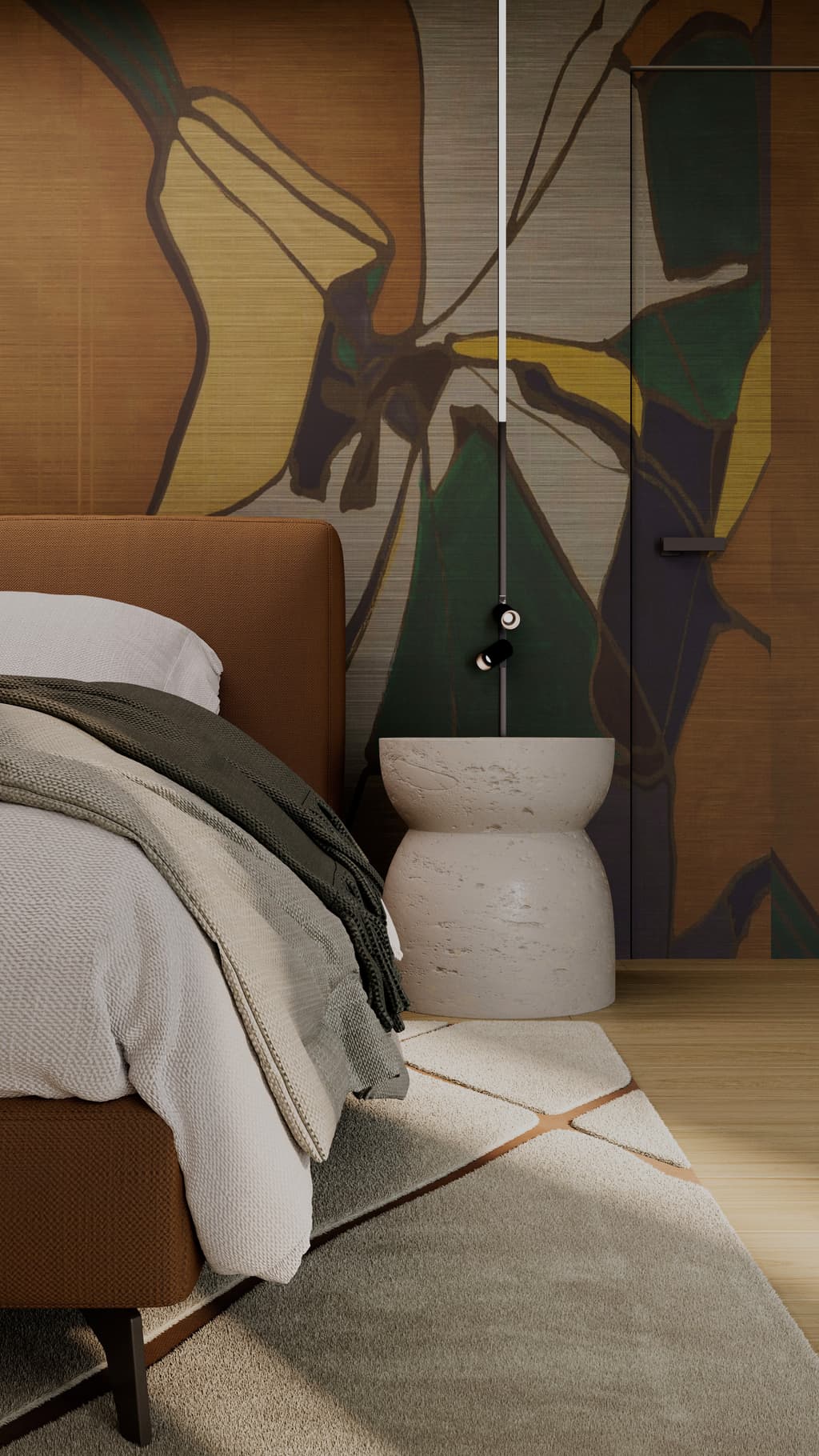 Warm modern residence interior with travertine finishes and orange accents 2