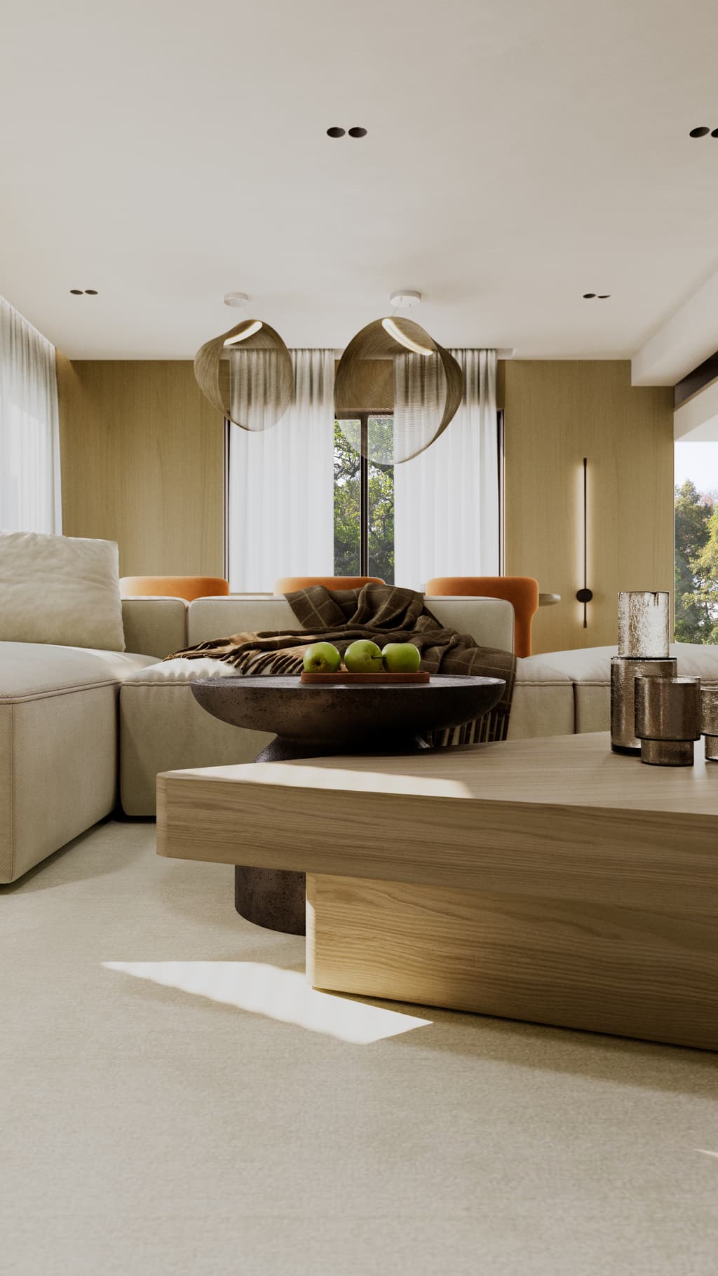 Warm modern residence interior with travertine finishes and orange accents 3