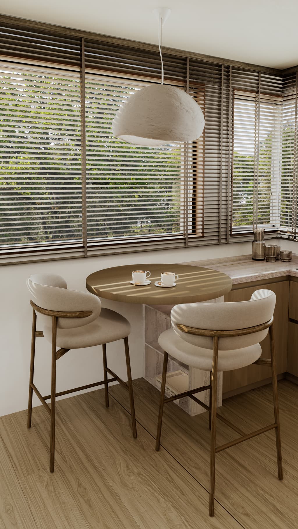 Warm modern residence interior with travertine finishes and orange accents 4