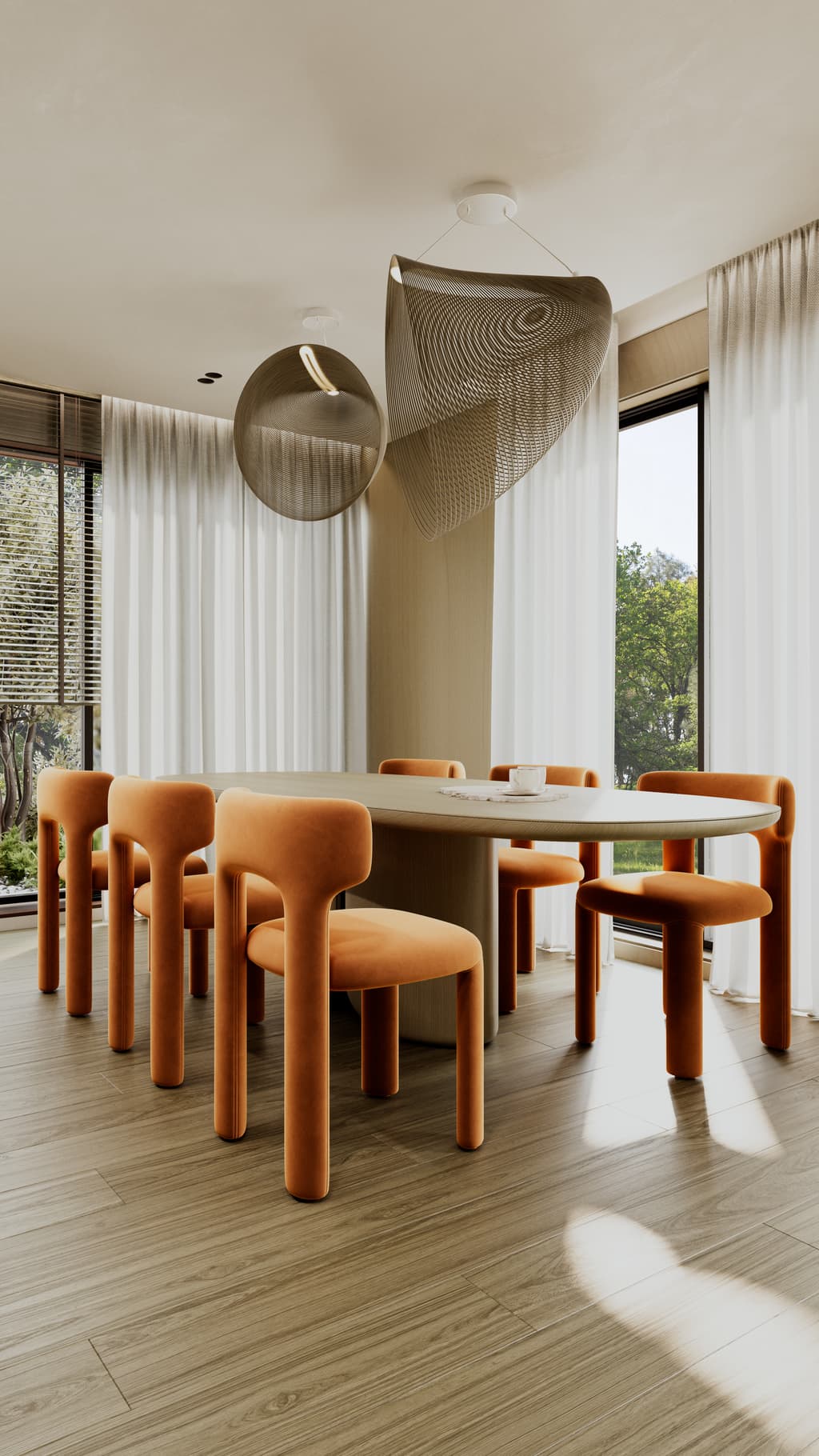 Warm modern residence interior with travertine finishes and orange accents 5