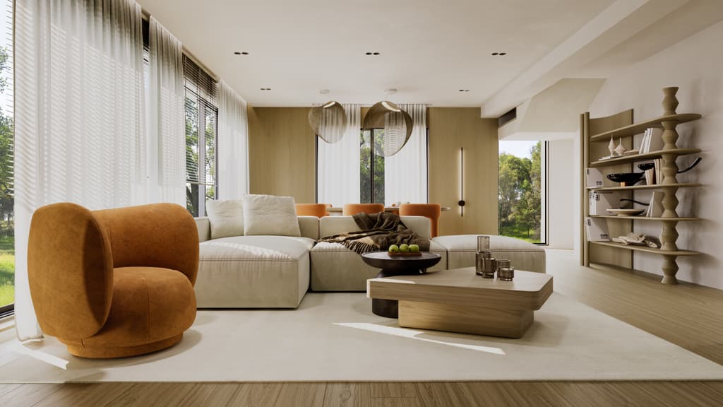 Warm modern residence interior with travertine finishes and orange accents