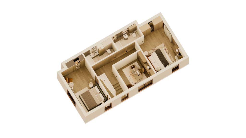 Warm modern residence interior with travertine finishes and orange accents 6