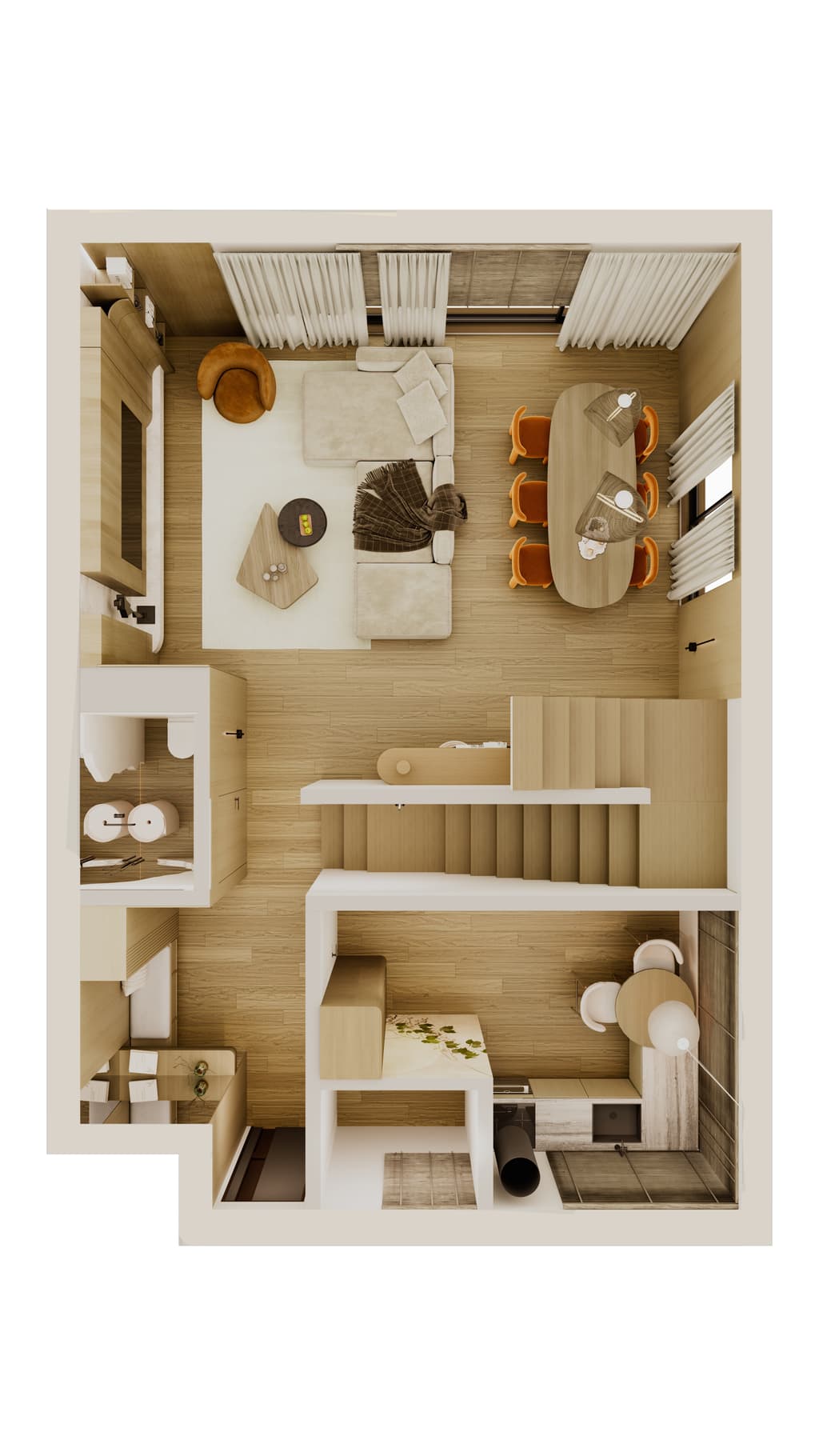 Warm modern residence interior with travertine finishes and orange accents 8