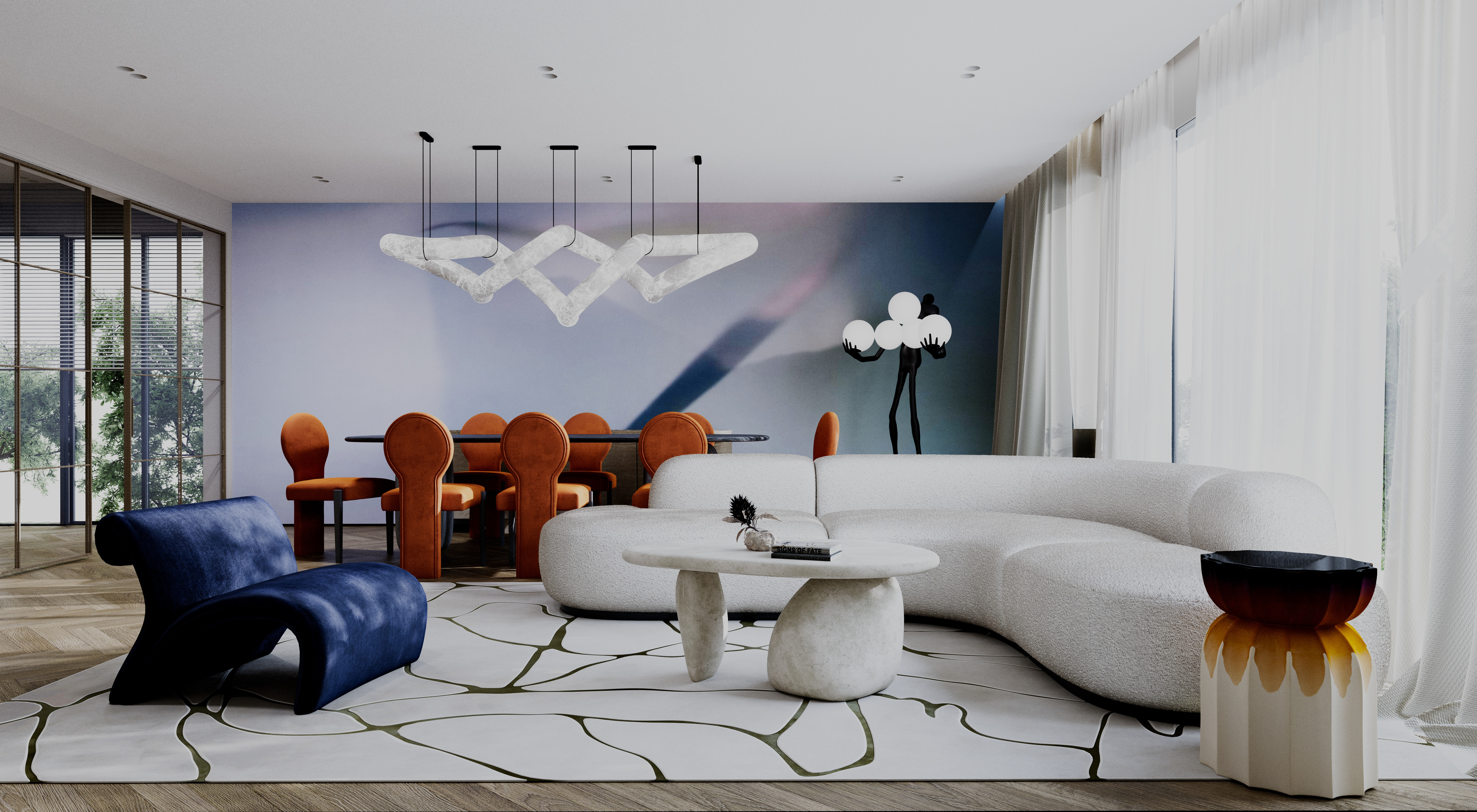 Residential living room interior with layered blue accents and refined contemporary styling