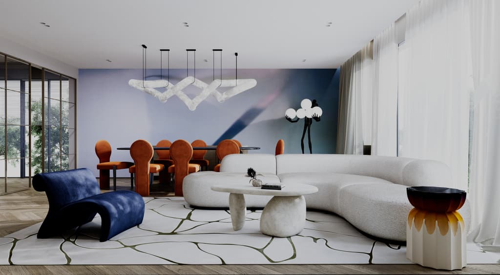 Residential living room interior with layered blue accents and refined contemporary styling