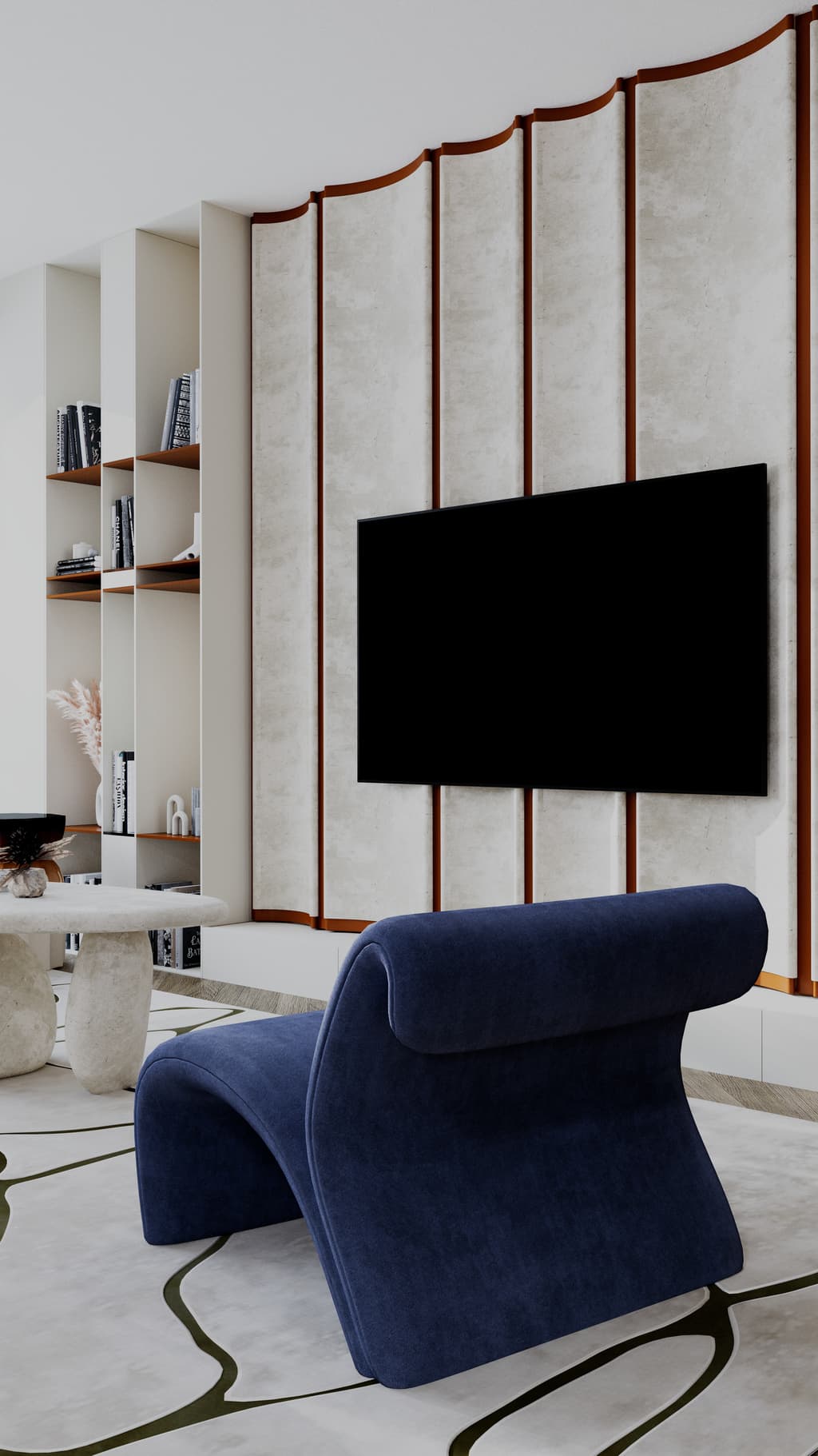 Residential living room interior with layered blue accents and refined contemporary styling 5
