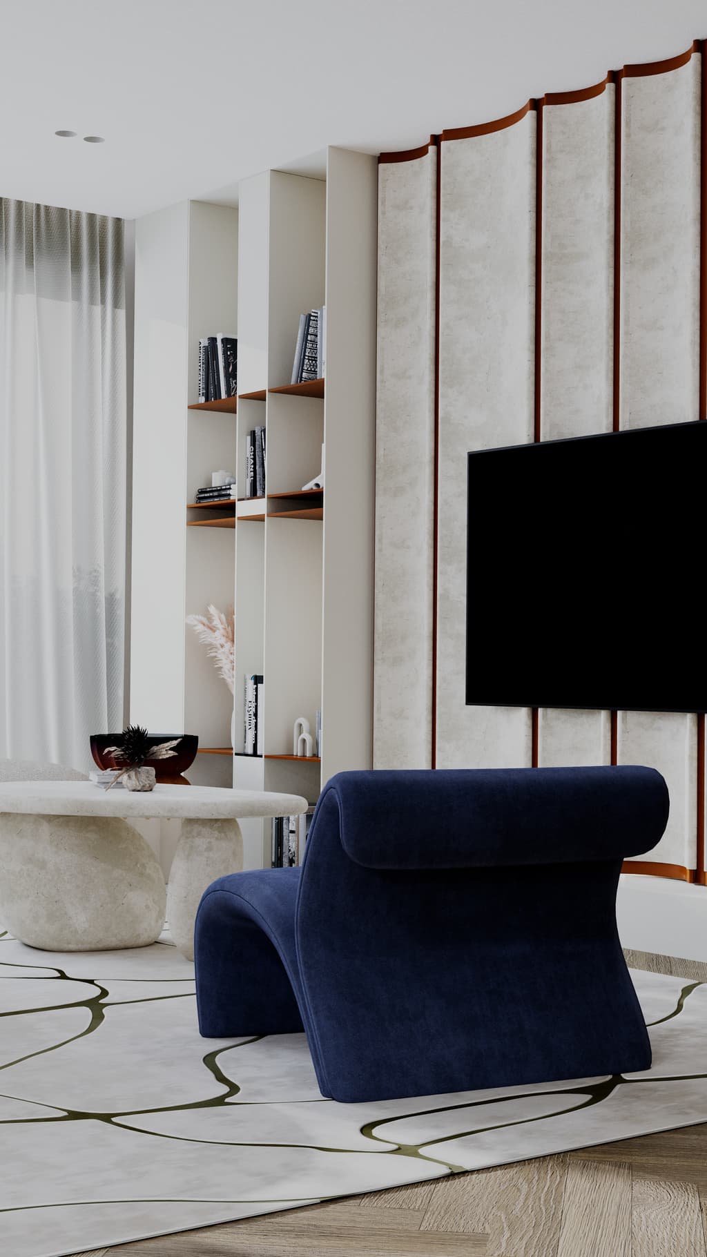 Residential living room interior with layered blue accents and refined contemporary styling 7